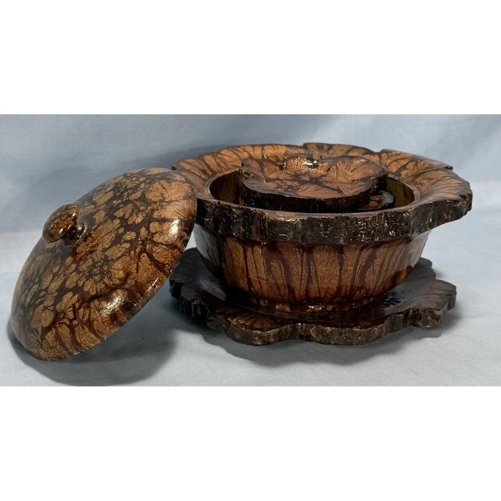 RARE Vintage 7 Piece Chrysanthemum Wood Bowl w/ Lid,‎ Plate and 4 Coasters